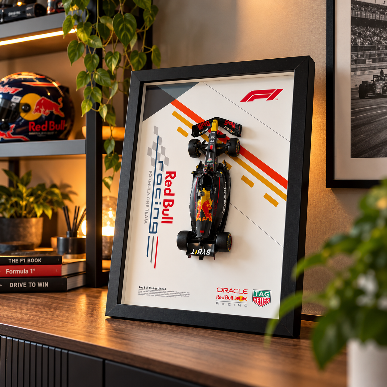 Mock-up of the 1:24 Red Bull RB19 F1 diecast car in a black 30 x 40 cm shadow box on a shelf